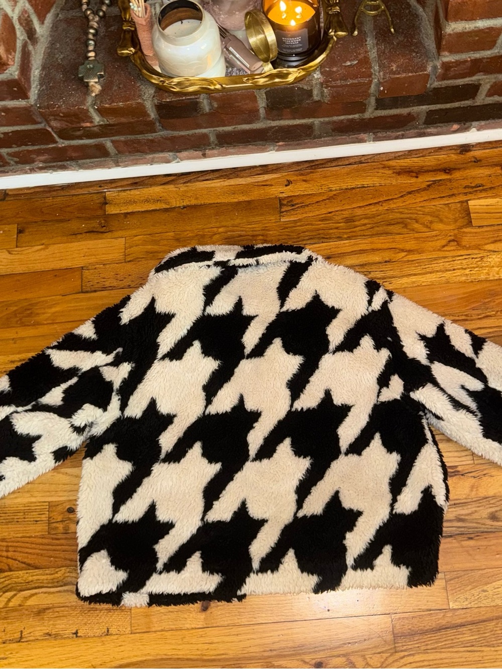Women’s Black & Cream Faux Shearling Jacket - “Love Birds Houndstooth Coat” - Picture 7 of 10